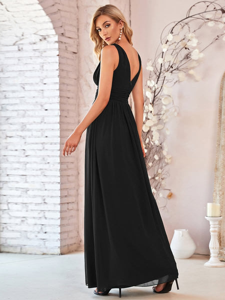 Women's V-Neck Pleated Chiffon Maxi Gown with Empire Waist