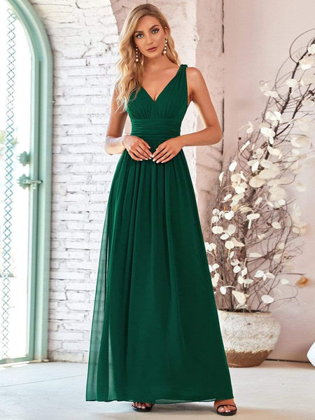 Women's V-Neck Pleated Chiffon Maxi Gown with Empire Waist