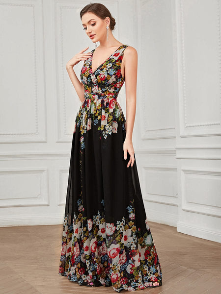 Women's V-Neck Pleated Chiffon Maxi Gown with Empire Waist