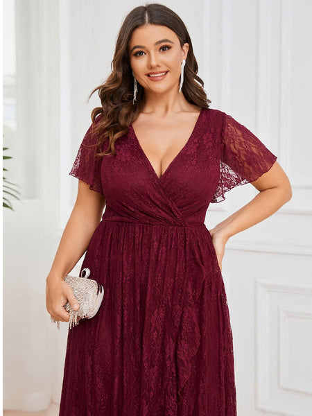 Pleated V-Neck Short Sleeve Ruffled Lace Evening Dress
