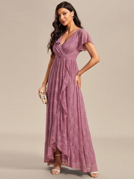 Pleated V-Neck Short Sleeve Ruffled Lace Evening Dress