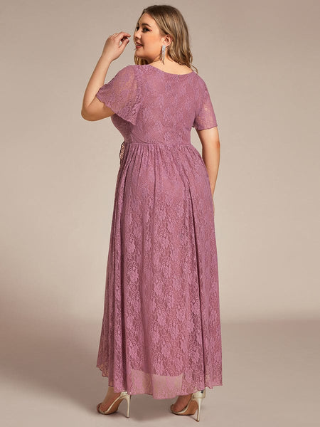 Pleated V-Neck Short Sleeve Ruffled Lace Evening Dress