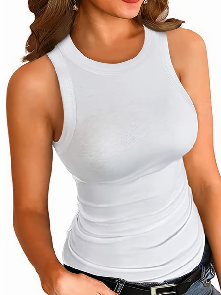 Plus Size Basic Tank Top, Women's Plus Plain Round Neck Medium Stretch Tank Top