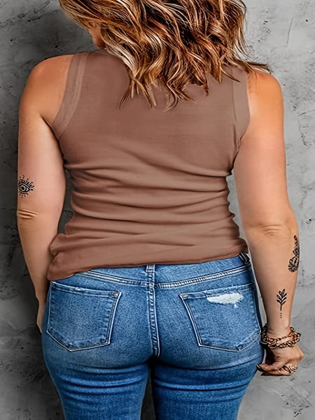 Plus Size Basic Tank Top, Women's Plus Plain Round Neck Medium Stretch Tank Top