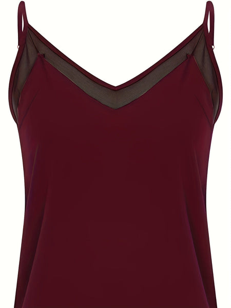 Plus Size Casual Cami Top, Women's Plus Plain Contrast Mesh V Neck Semi Sheer Cami Top