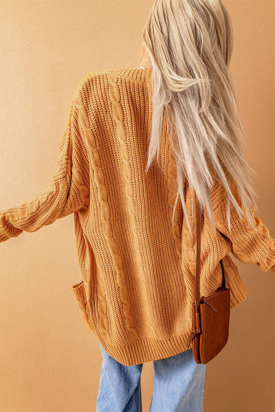 Plus Size Casual Cardigan, Women's Plus Cable Knit Long Sleeve Open Front Medium Stretch Hooded Sweater Cardigan With Pockets