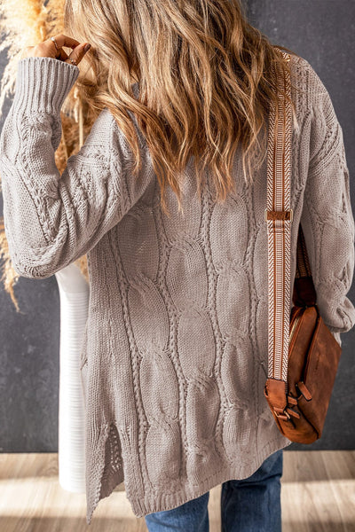 Plus Size Casual Cardigan, Women's Plus Cable Knit Long Sleeve Open Front Medium Stretch Hooded Sweater Cardigan With Pockets