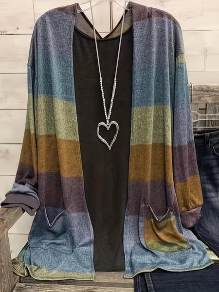 Plus Size Casual Cardigan, Women's Plus Colorblock Long Sleeve Open Front Cardigan With Pockets