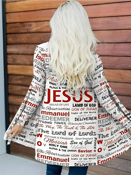 Plus Size Casual Cardigan, Women's Plus Letter Print Long Sleeve Open Front Cardigan