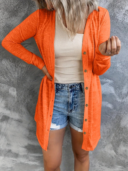 Plus Size Casual Cardigan, Women's Plus Solid Round Neck Button Up Long Sleeve Cardigan