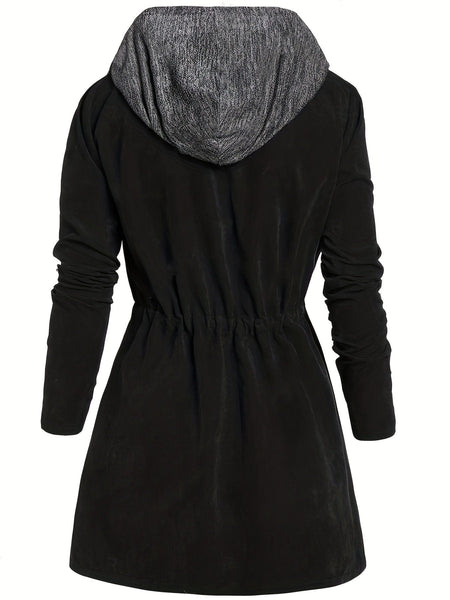 Plus Size Casual Coat, Women's Plus Colorblock Double Zip Up Long Sleeve Drawstring Nipped Waist Ruched Hooded Coat
