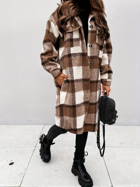 Plus Size Long Sleeve Plaid Coat