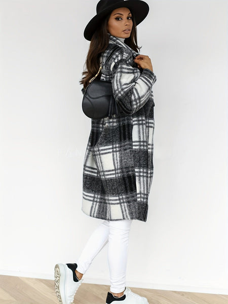 Plus Size Casual Coat, Women's Plus Plaid Print Long Sleeve Lapel Collar Button Up Shacket Jacket