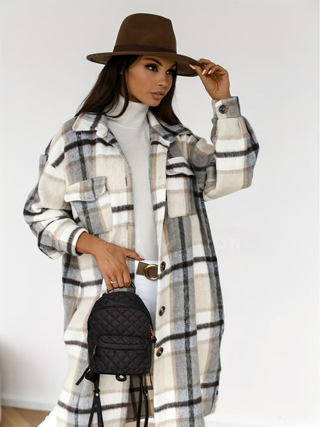 Plus Size Long Sleeve Plaid Coat