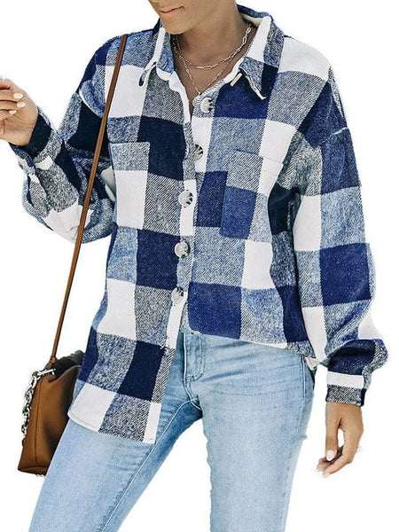 Plus Size Casual Coat, Women's Plus Plaid Print Long Sleeve Lapel Collar Button Up Shacket Jacket