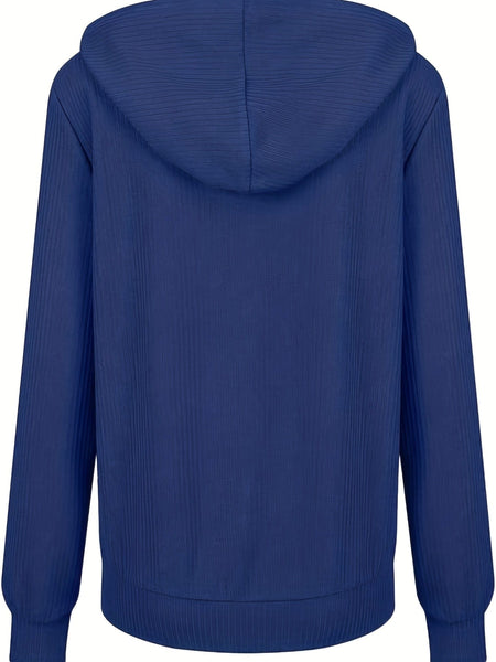 Plus Size Casual Coat, Women's Plus Solid Ribbed Zip Up Long Sleeve Drawstring Hoodie Sweater