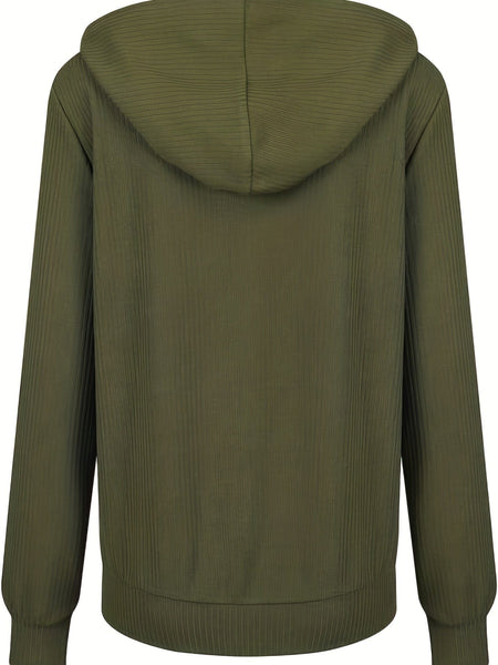 Plus Size Casual Coat, Women's Plus Solid Ribbed Zip Up Long Sleeve Drawstring Hoodie Sweater