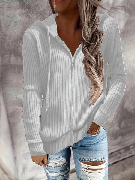 Plus Size Casual Coat, Women's Plus Solid Ribbed Zip Up Long Sleeve Drawstring Hoodie Sweater