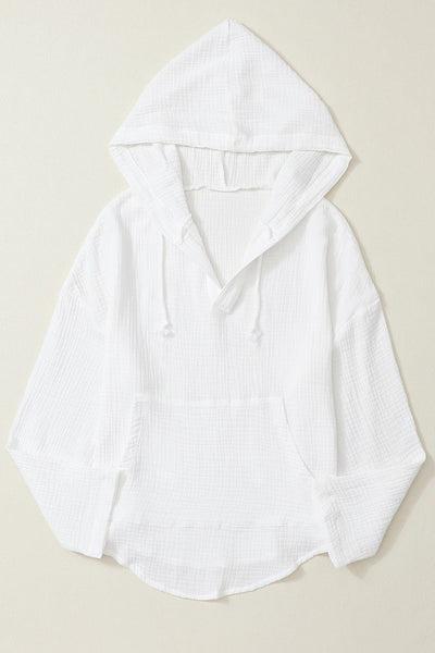Plus Size Casual Coat, Women's Plus Solid Ribbed Zip Up Long Sleeve Drawstring Hoodie Sweater