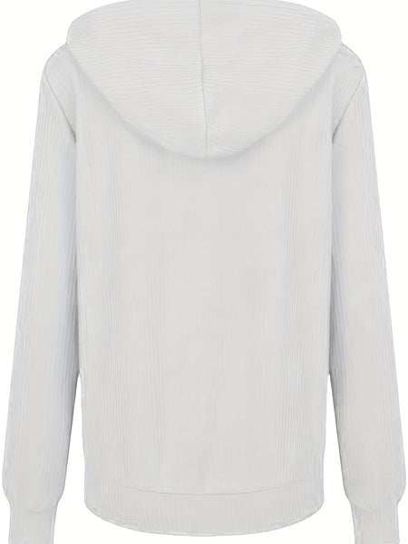 Plus Size Casual Coat, Women's Plus Solid Ribbed Zip Up Long Sleeve Drawstring Hoodie Sweater