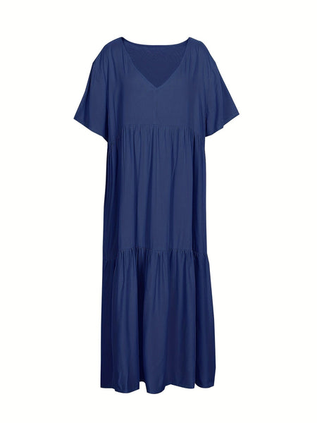 Plus Size Casual Dress, Women's Plus Solid V Neck Short Sleeve Ruffle Trim Smock Dress