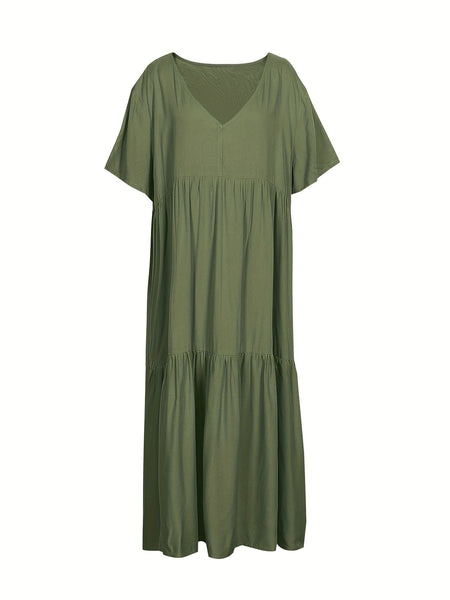 Plus Size Casual Dress, Women's Plus Solid V Neck Short Sleeve Ruffle Trim Smock Dress
