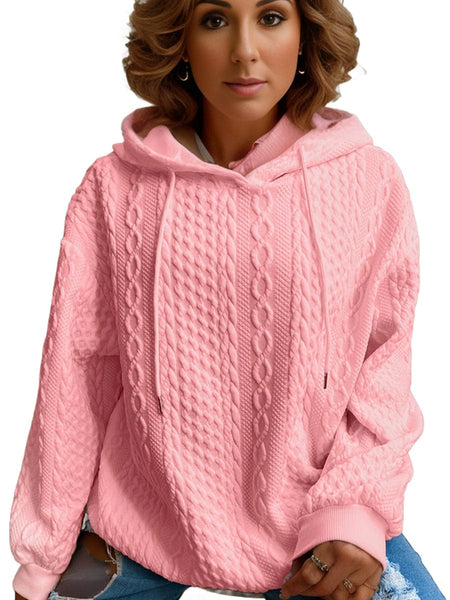 Plus Size Casual Hoodie, Women's Plus Solid Ribbed Long Sleeve Slight Stretch Hoodie Drawstring Sweatshirt