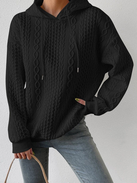Plus Size Casual Hoodie, Women's Plus Solid Ribbed Long Sleeve Slight Stretch Hoodie Drawstring Sweatshirt