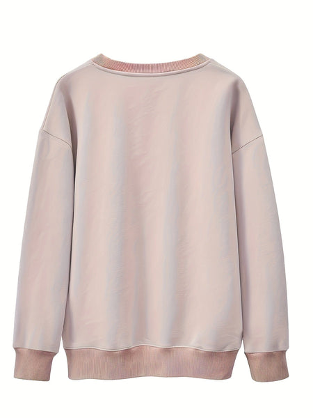 Plus Size Casual Sweatshirt, Women's Plus Cartoon Figure & Slogan Print Long Sleeve Crew Neck Slight Stretch Pullover Sweatshirt, Casual Tops For Fall & Winter, Plus Size Women's Clothing