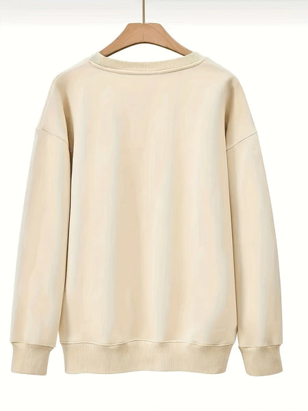 Plus Size Casual Sweatshirt, Women's Plus Cartoon Figure & Slogan Print Long Sleeve Crew Neck Slight Stretch Pullover Sweatshirt, Casual Tops For Fall & Winter, Plus Size Women's Clothing