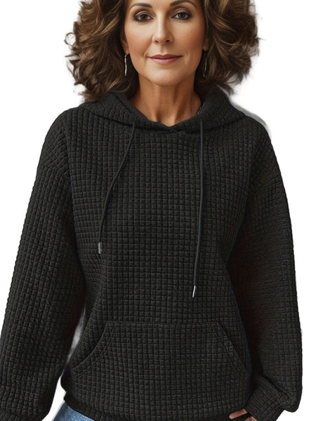 Plus Size Casual Sweatshirt, Women's Plus Solid Waffle Long Sleeve Drawstring Hooded Pullover Sweatshirt With Kangaroo Pockets, Casual Tops For Fall & Winter, Women's Clothing