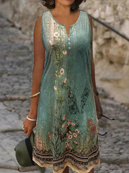 Plus Size Casual Tank Dress, Women's Plus Floral Print Notched Neck Slight Stretch Dress