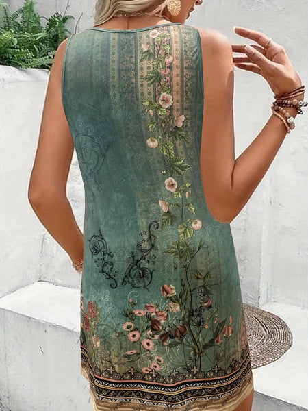 Plus Size Casual Tank Dress, Women's Plus Floral Print Notched Neck Slight Stretch Dress