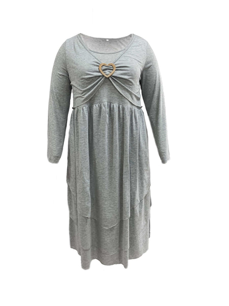 Women's Plus Size Elegant Dress, Women's Plus Plain Long Sleeve Layered Heart Ring Decor Round Neck Maxi Dress