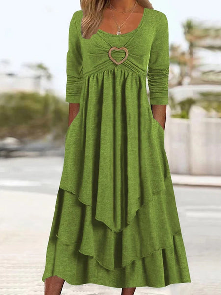 Women's Plus Size Elegant Dress, Women's Plus Plain Long Sleeve Layered Heart Ring Decor Round Neck Maxi Dress