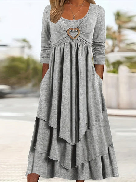 Women's Plus Size Elegant Dress, Women's Plus Plain Long Sleeve Layered Heart Ring Decor Round Neck Maxi Dress