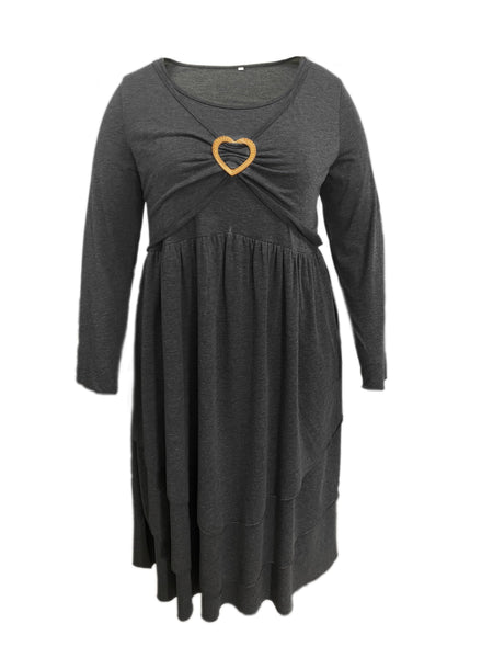 Women's Plus Size Elegant Dress, Women's Plus Plain Long Sleeve Layered Heart Ring Decor Round Neck Maxi Dress