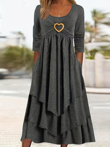 Women's Plus Size Elegant Dress, Women's Plus Plain Long Sleeve Layered Heart Ring Decor Round Neck Maxi Dress