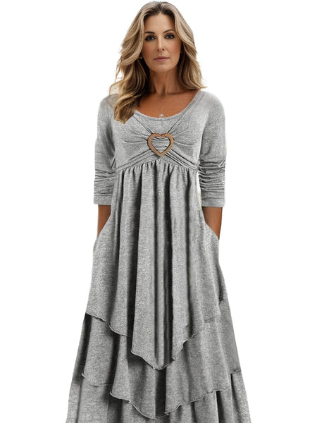 Women's Plus Size Elegant Dress, Women's Plus Plain Long Sleeve Layered Heart Ring Decor Round Neck Maxi Dress