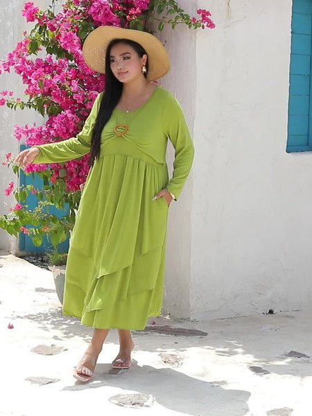 Women's Plus Size Elegant Dress, Women's Plus Plain Long Sleeve Layered Heart Ring Decor Round Neck Maxi Dress