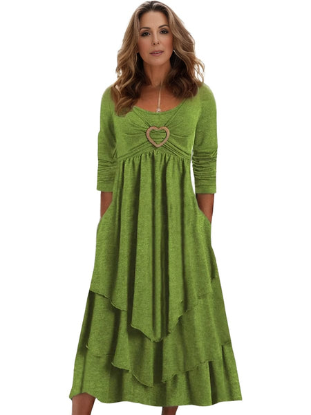 Women's Plus Size Elegant Dress, Women's Plus Plain Long Sleeve Layered Heart Ring Decor Round Neck Maxi Dress