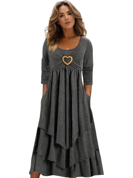 Women's Plus Size Elegant Dress, Women's Plus Plain Long Sleeve Layered Heart Ring Decor Round Neck Maxi Dress