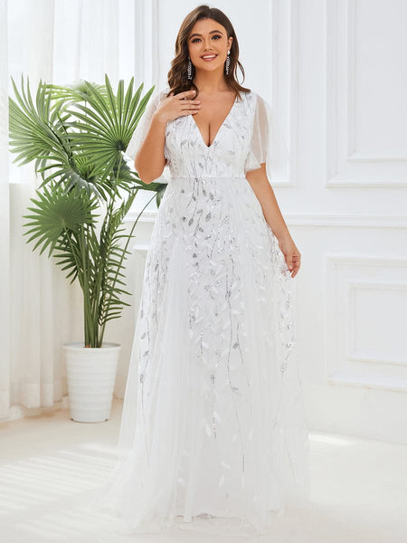 Women's Plus Size V-Neck Embroidered Tulle Evening Gown with Flutter Sleeves