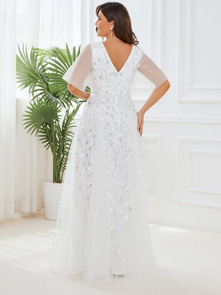 Women's Plus Size V-Neck Embroidered Tulle Evening Gown with Flutter Sleeves