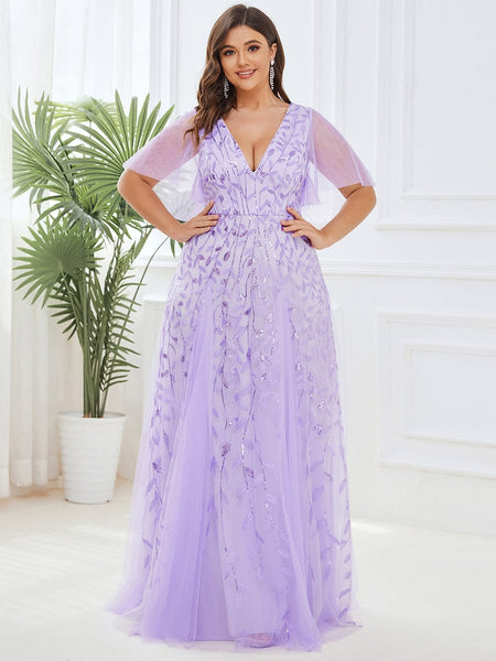 Women's Plus Size V-Neck Embroidered Tulle Evening Gown with Flutter Sleeves
