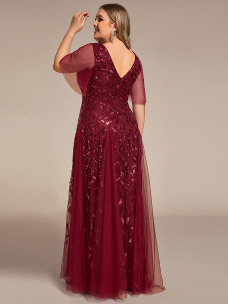 Women's Plus Size V-Neck Embroidered Tulle Evening Gown with Flutter Sleeves