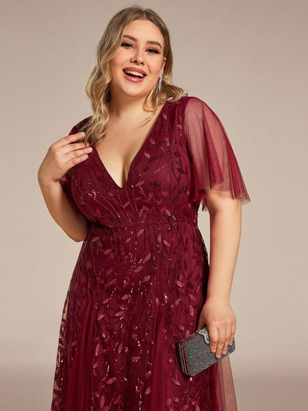 Women's Plus Size V-Neck Embroidered Tulle Evening Gown with Flutter Sleeves