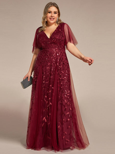 Women's Plus Size V-Neck Embroidered Tulle Evening Gown with Flutter Sleeves