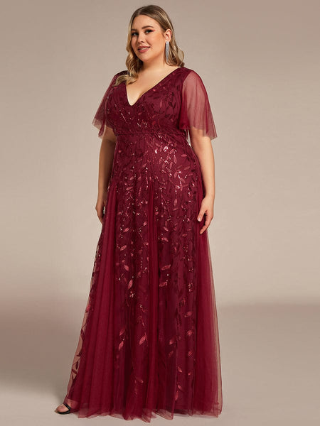 Women's Plus Size V-Neck Embroidered Tulle Evening Gown with Flutter Sleeves