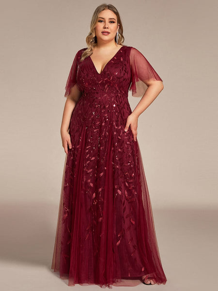 Women's Plus Size V-Neck Embroidered Tulle Evening Gown with Flutter Sleeves